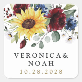 Sunflower Burgundy Rozen Navy Blue Rustic Wedding Vierkante Sticker