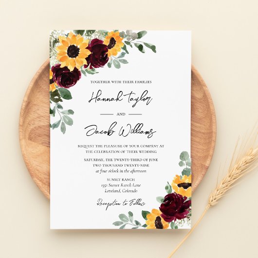 Sunflower Burgundy Rozen Rustic Wedding Kaart