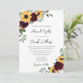 Sunflower Burgundy Rozen Rustic Wedding Kaart (Staand voorkant)