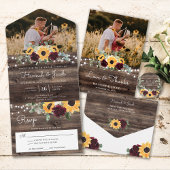 Sunflower Burgundy Rozen Rustic Wood Foto Weddensc All In One Uitnodiging