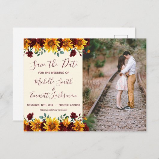 Sunflower Burgundy Rustic Country Save the Date Aankondigingskaart (Voorkant / Achterkant)