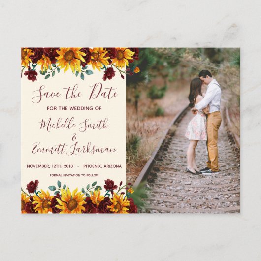 Sunflower Burgundy Rustic Country Save the Date Aankondigingskaart (Voorkant)