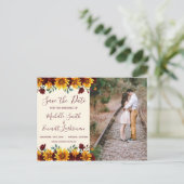 Sunflower Burgundy Rustic Country Save the Date Aankondigingskaart (Staand voorkant)