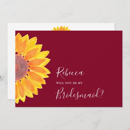 Sunflower Burgundy Weddenschap Bridesmaid Kaart (Voorkant / Achterkant)
