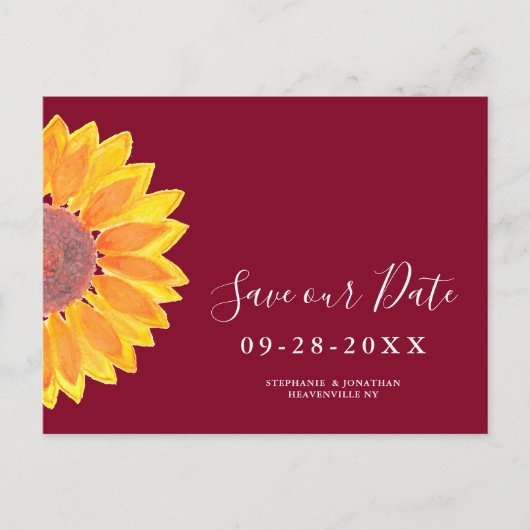 Sunflower Burgundy Wedding Save the Date Aankondigingskaart (Voorkant)