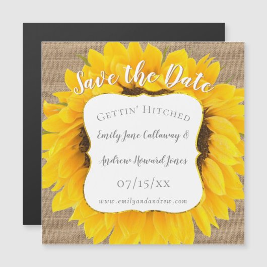 Sunflower Burlap Typography Wedding Save the Date Magnetische Uitnodiging (Voorkant / Achterkant)