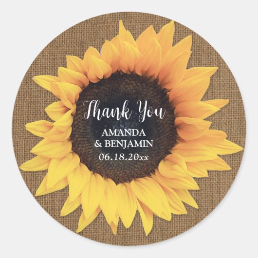 Sunflower Burlap Wedding Bedankt Ronde Sticker (Voorkant)