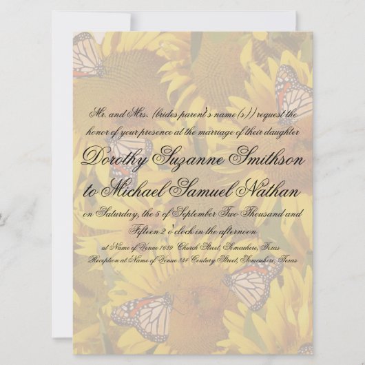 Sunflower Butterflies Floral Wedding Invitation Kaart (Voorkant)
