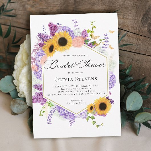 Sunflower Butterflies Lilac Hexagon Bridal Shower Kaart