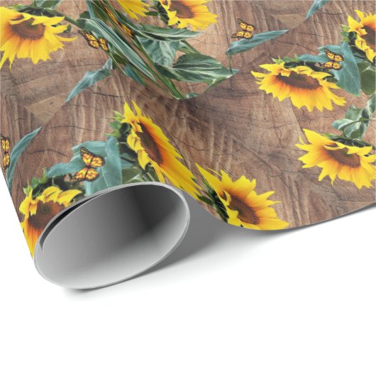 Sunflower Butterflies Rustic Barn Board Cadeaupapier (Rol Hoek)