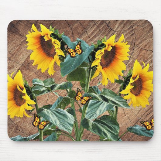 Sunflower Butterflies Rustic Barn Board Muismat (Voorkant)