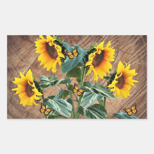 Sunflower Butterflies Rustic Barn Board Rechthoekige Sticker (Voorkant)