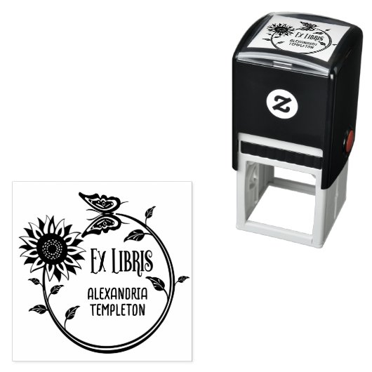 Sunflower Butterfly Ex Libris Library Boeknaam Zelfinktende Stempel (In situ)