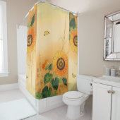 SUNFLOWER, BUTTERFLY, GROEN VERLAAT Japanse Floral Douchegordijn (In situ)