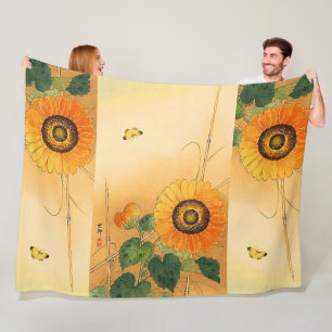 SUNFLOWER, BUTTERFLY, GROEN VERLAAT Japanse Floral Fleece Deken
