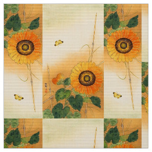 SUNFLOWER, BUTTERFLY, GROEN VERLAAT Japanse Floral Stof