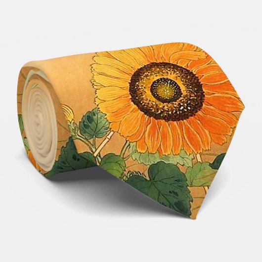 SUNFLOWER, BUTTERFLY, GROEN VERLAAT Japanse Floral Stropdas (Opgerold)