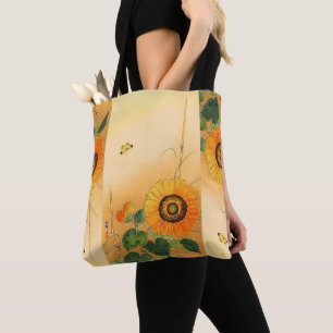 SUNFLOWER, BUTTERFLY, GROEN VERLAAT Japanse Floral Tote Bag