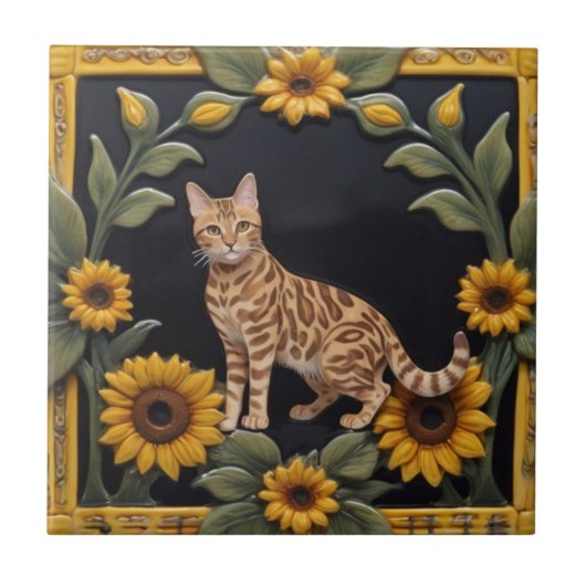 Sunflower Cats - Bengal Cat & Yellow Sunflowers Tegeltje (Voorkant)