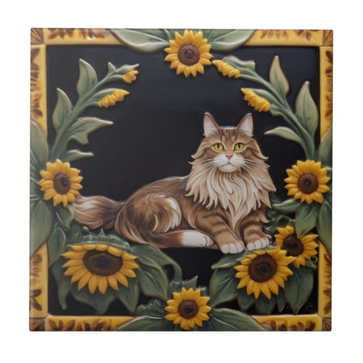 Sunflower Cats - MaineCoon Cat & Yellow Sunflowers Tegeltje (Voorkant)