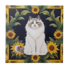 Sunflower Cats - Ragdoll Cat & Yellow Sunflowers Tegeltje
