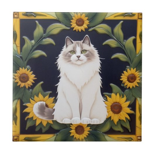 Sunflower Cats - Ragdoll Cat & Yellow Sunflowers Tegeltje (Voorkant)