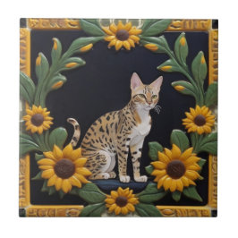 Sunflower Cats - Savannah Cat & Yellow Sunflowers Tegeltje