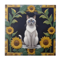 Sunflower Cats - Siamese Cat & Yellow Sunflowers