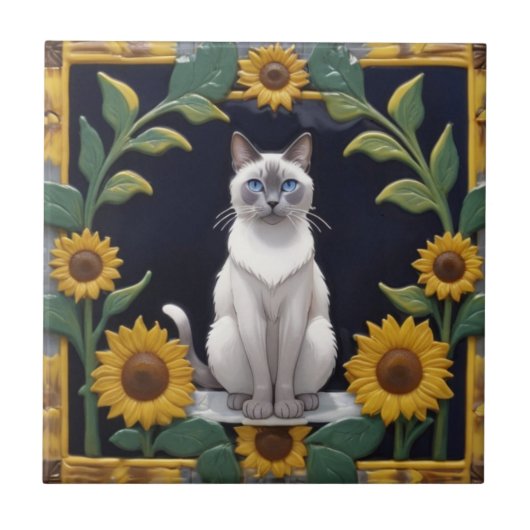 Sunflower Cats - Siamese Cat & Yellow Sunflowers Tegeltje (Voorkant)