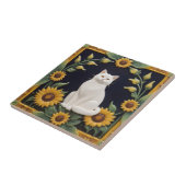 Sunflower Cats - White Cat & Yellow Sunflowers Tegeltje (Zijkant)