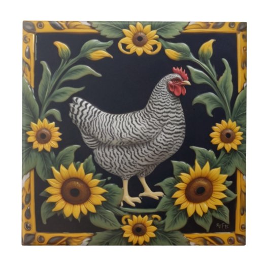 Sunflower Chicken - Grey Hen & Sunflowers Tegeltje (Voorkant)