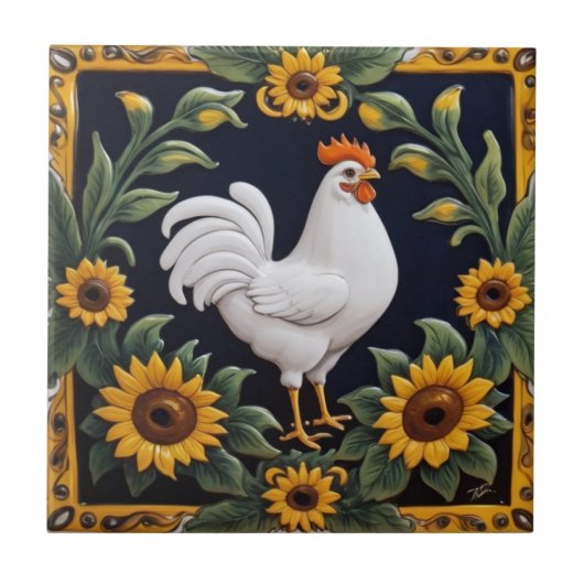 Sunflower Chicken - White Hen & Yellow Sunflowers Tegeltje (Voorkant)