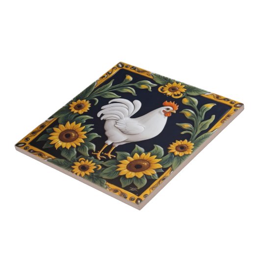 Sunflower Chicken - White Hen & Yellow Sunflowers Tegeltje (Zijkant)
