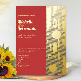 Sunflower Coral Sunset Modern Wedding Gold Folie Uitnodiging