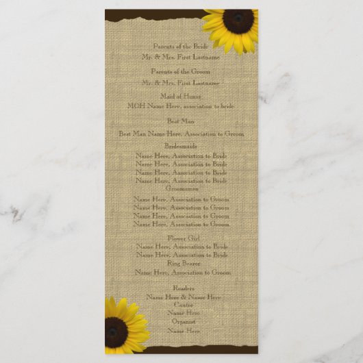 Sunflower Country Burlap Wedding Programma Programmakaart (Achterkant)