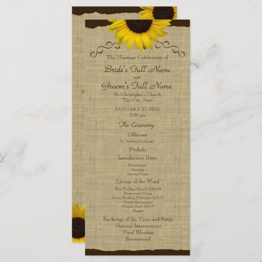 Sunflower Country Burlap Wedding Programma Programmakaart (Voorkant / Achterkant)