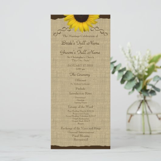Sunflower Country Burlap Wedding Programma Programmakaart (Staand voorkant)