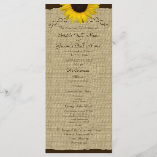 Sunflower Country Burlap Wedding Programma Programmakaart (Voorkant)