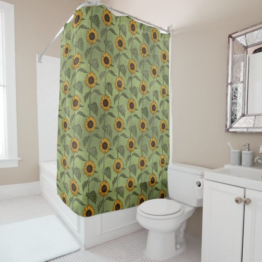Sunflower County Rustic Floral Green Yellow Douchegordijn (In situ)
