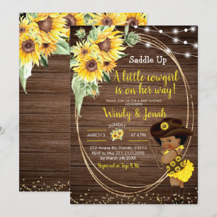 Sunflower Cowgirl rustic Afro Girl Baby shower Inv Kaart