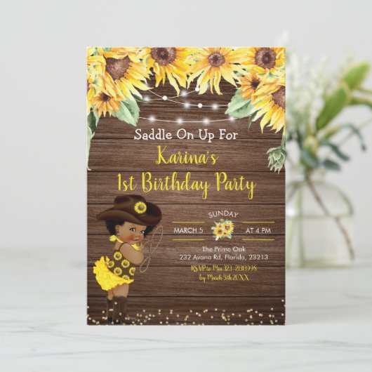 Sunflower Cowgirl rustic Afro Girl Baby shower Inv Kaart (Staand voorkant)
