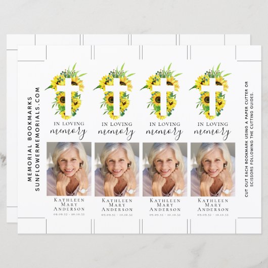 Sunflower Cross Foto Memorial Bladwijzer (Voorkant / Achterkant)