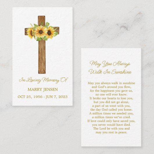 Sunflower Cross Memorial Funeral Prayer Card Visitekaartje (Voorkant / Achterkant)