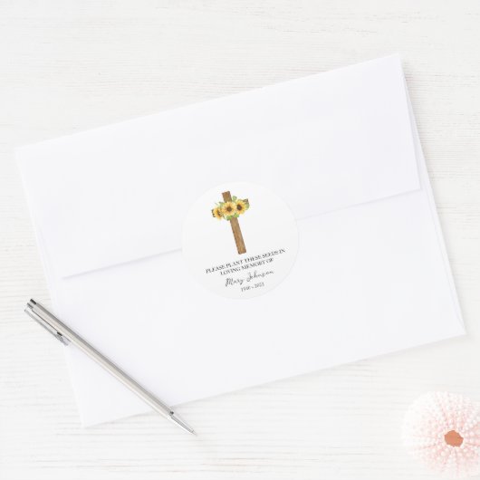 Sunflower Cross Memorial Funeral Seed Packet Ronde Sticker (Envelop)