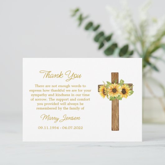 Sunflower Cross Sympathy Thank You Card Bedankkaart (Staand voorkant)