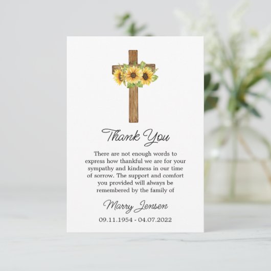 Sunflower Cross Sympathy Thank You Card Bedankkaart (Staand voorkant)