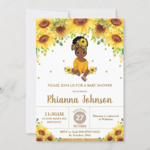 Sunflower Cute African American Girl Baby shower Kaart