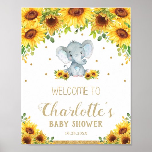Sunflower Cute Elephant Boy Baby shower Welkom Poster (Voorkant)