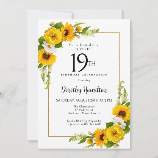 Sunflower Daisy 19th Birthday Surprise Party Kaart (Voorkant)