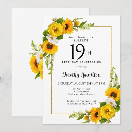 Sunflower Daisy 19th Birthday Surprise Party Kaart (Voorkant / Achterkant)